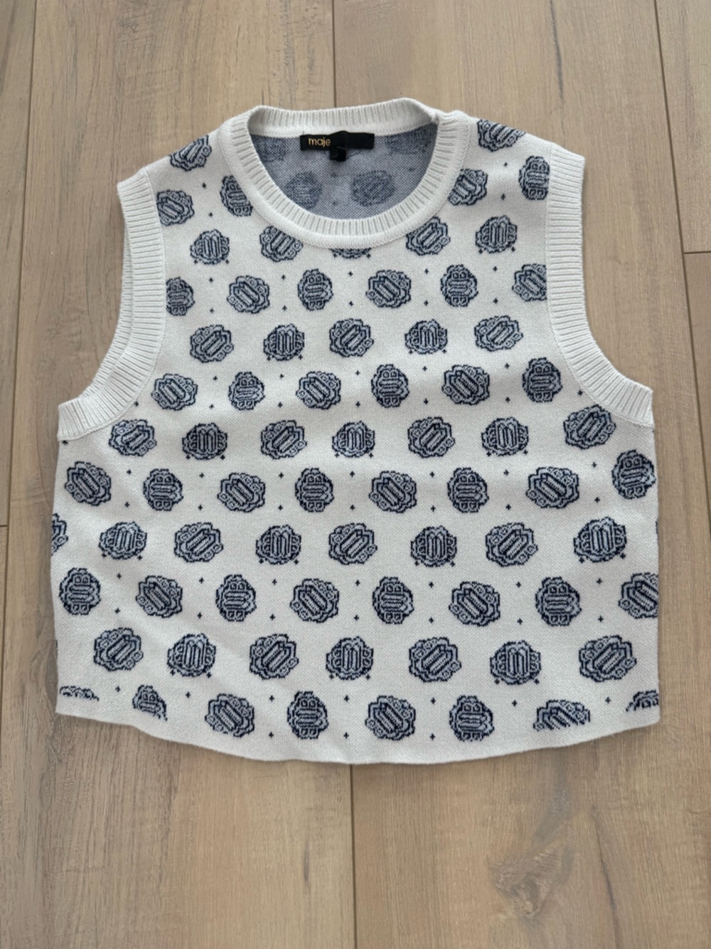 Maje Monogram Print Cropped Pullover Sweater